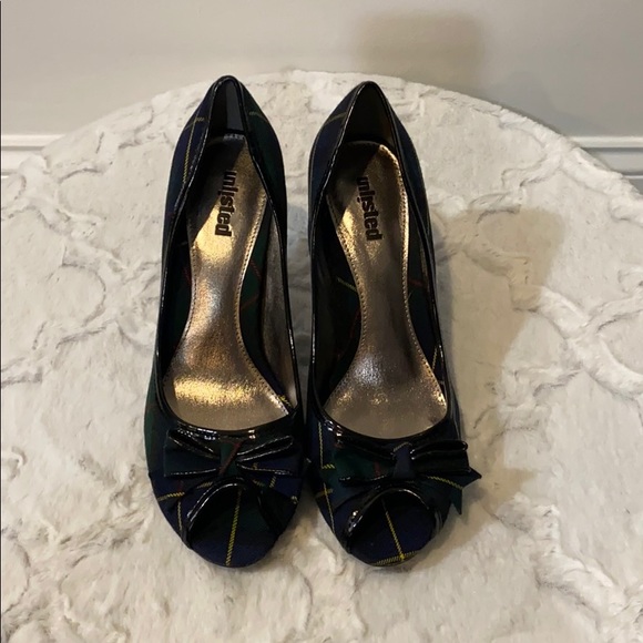 Plaid Bow Peep Toe Shoes - Picture 1 of 5